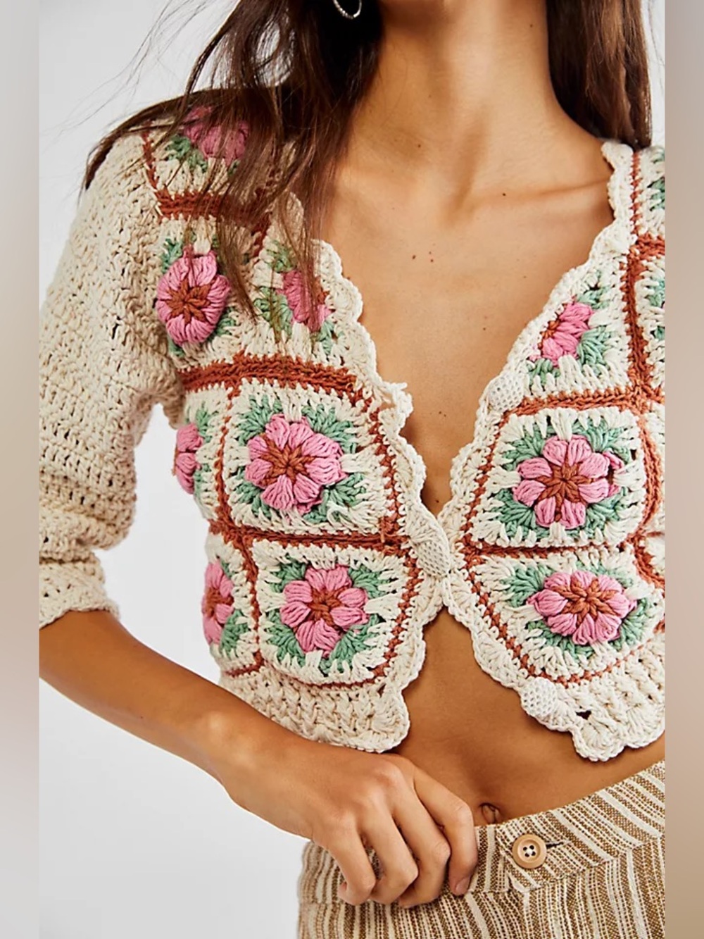 Free People x Tach Clothing Nuria Floral Crochet Cardigan Small 100% Cotton